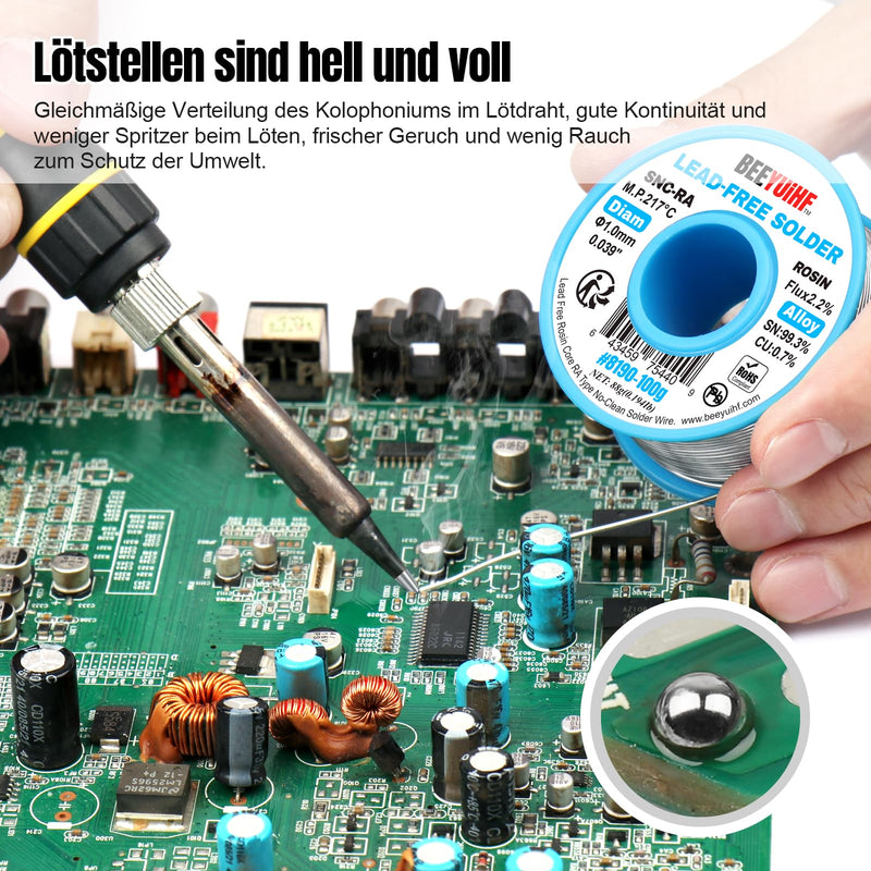 BEEYUIHF Solder Wire, Lead-Free, Sn99.3 Cu0.7 Solder with Flux, Electronic Solder Wire with Rosin Core (1.0 mm, 100 g)