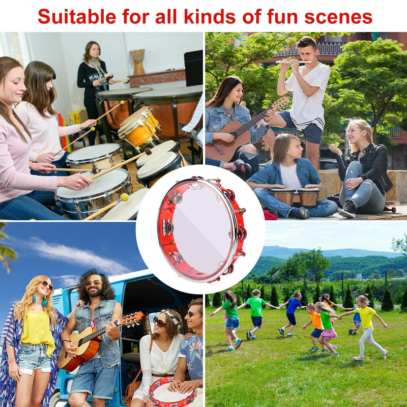 10 Inch Red Adjustable Tambourine, Musical Percussion Instrument Drum with Double Metal Jingles, Hand Held Tambourine for Adults, Church, Birthday, Party, Live Show