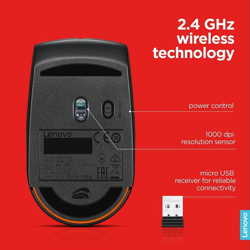 Lenovo 300 Wireless Compact Mouse, Black, 1000 dpi, Ultra-portable design, Up to 12 months battery life, GX30K79402