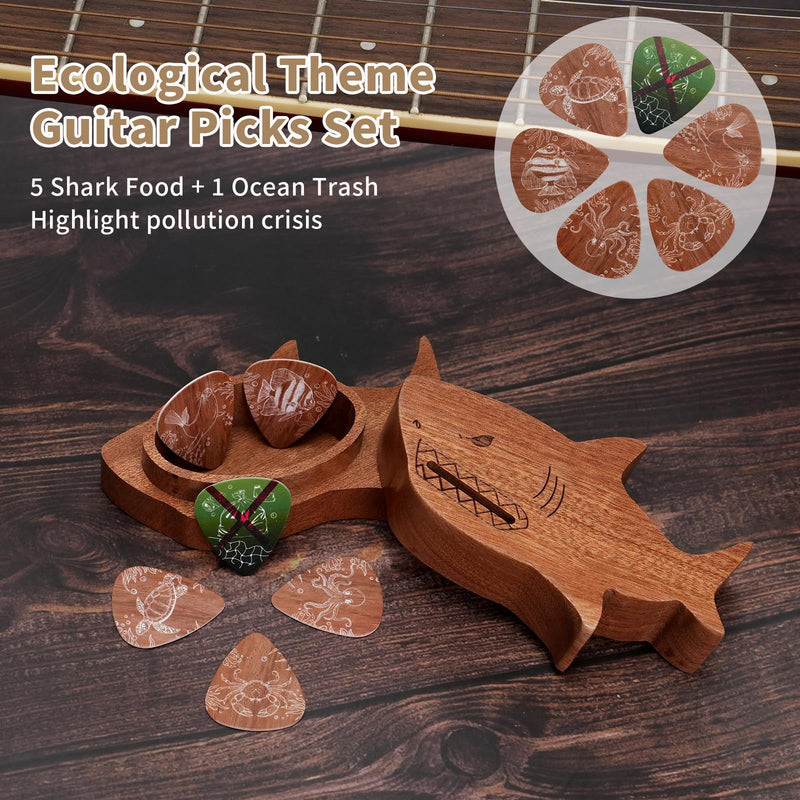 "Save Our Oceans" Shark Guitar Capo Gift Set–1 Wood-Finish Shark-Shaped Capo&1 Shark-Shaped Guitar Pick Holder with 6 Picks (5 Shark Food+1 Ocean Trash)–Fun Eco Educational Music Gift for Eco-Warriors