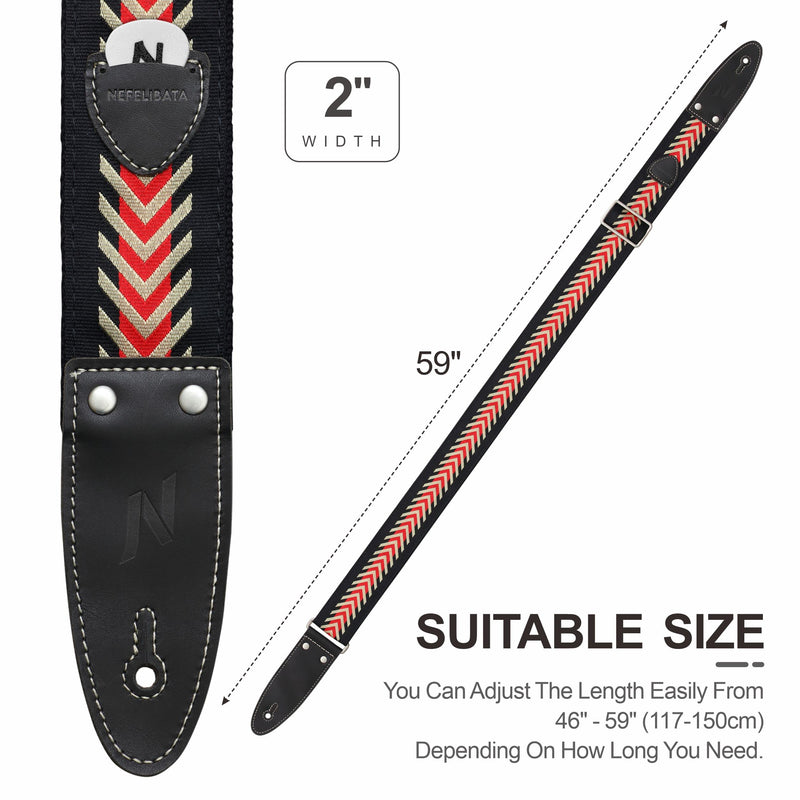 Nefelibata Guitar Strap, 2" Jacquard Embroidered Cotton Guitar Strap with Double-Length Leather Ends with Guitar Pick Pocket for Bass, Electric and Acoustic Guitars(Vintage Arrowhead Red) Vintage Arrowhead Red