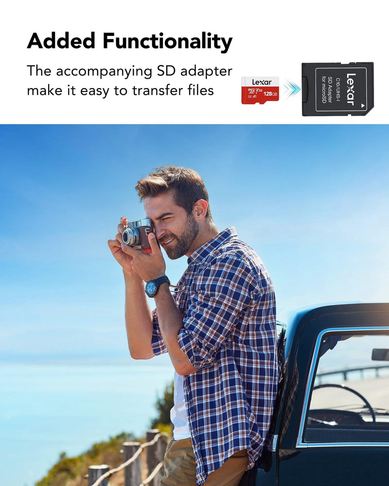 Lexar E-Series 128GB Micro SD Card 3 Pack, microSDXC UHS-I Flash Memory Card with Adapter, 100MB/s, C10, U3, A1, V30, Full HD, 4K UHD, High Speed TF Card 128GB x3