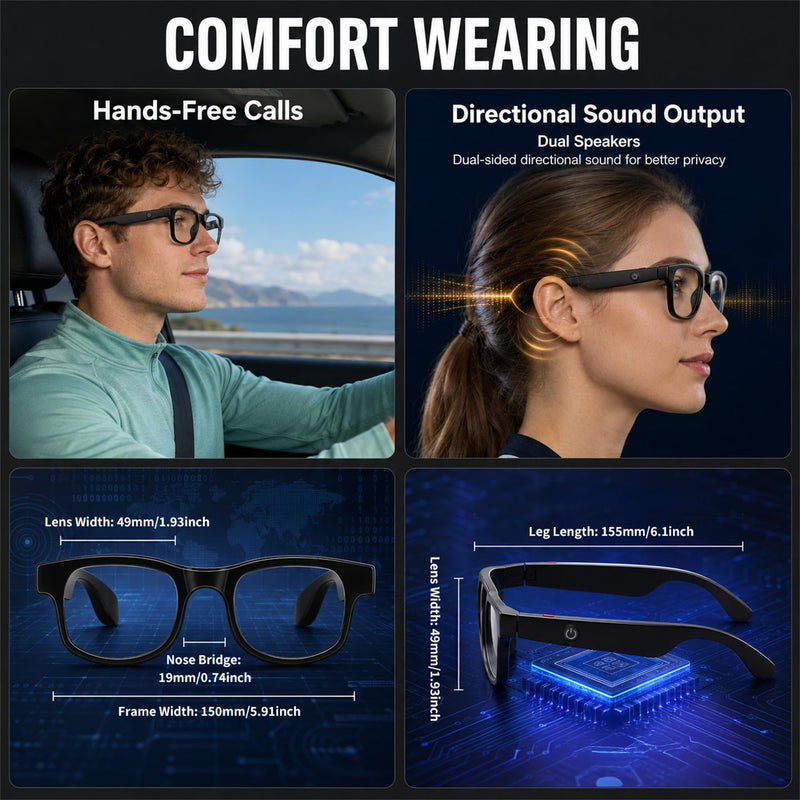FEISEDY AI Smart Glasses with AI Assistant for Travel & Daily Use B0476 | Interchangeable Sunglasses Lenses,Open-Ear Bluetooth Audio, Music & Hands-Free Calls