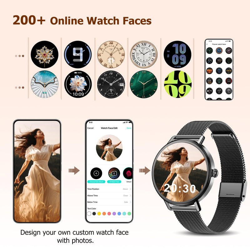 Smart Watches for Women Android / iPhone, 1.26" AMOLED Fitness Tracker with Bluetooth Calls, 8 Days Battery Life/Heart Rate Monitor/100+Sports Model, IP68 Waterproof Women's Smartwatches(2 Bands) Black X30