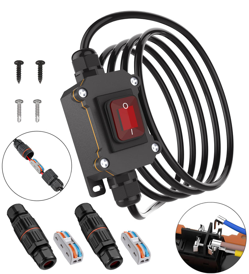 [AUSTRALIA] - 10FT 12V Inline Switch IP68 Waterproof, Outdoor On/Off Toggle Switch with Waterproof Junction Box, DC 12V-24V 20A On Off Switch 12 Volt Inline Cord Switch with Red LED Rocker Button 10FT 