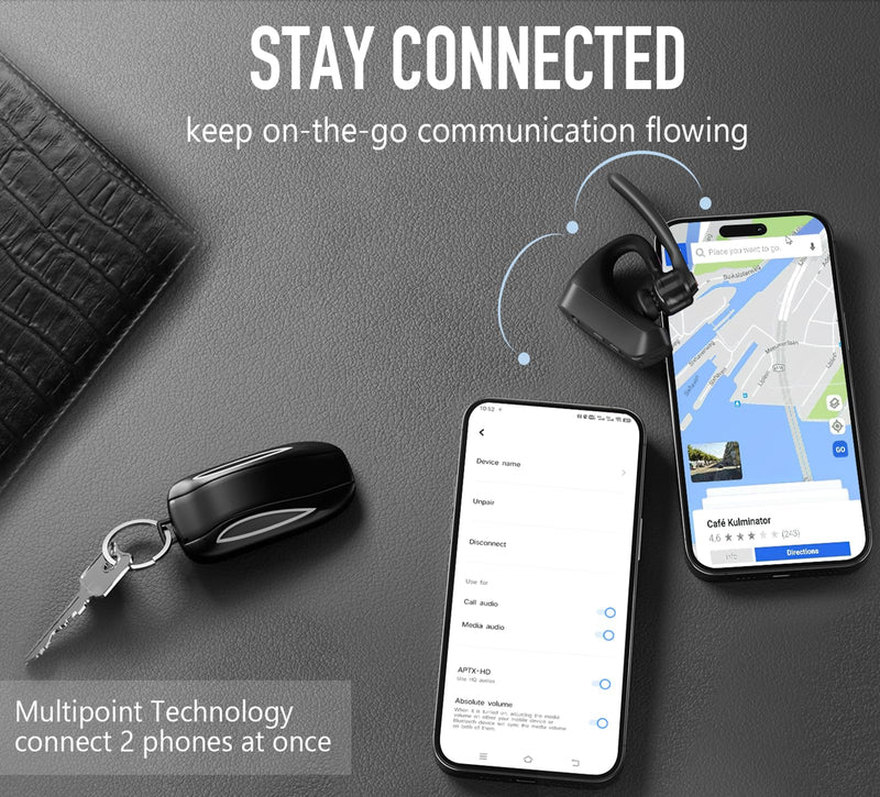 Conambo 2024 Upgraded K10C Bluetooth Headset V5.2, Wireless Headset with CVC8.0 Dual Mic Noise Cancelling 16Hrs Talking Single Ear Bluetooth Earpiece for iPhone Android Cell Phone Trucker Office Work