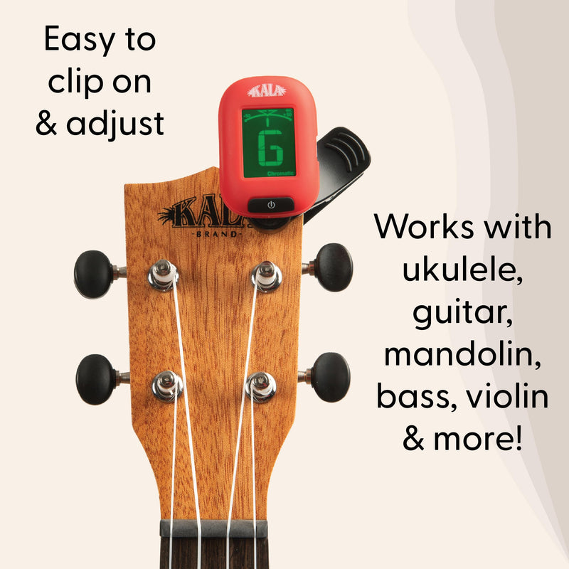 Kala Klipz USB-C Rechargeable Professional Clip On Tuner for Ukulele, Guitar, Bass, Violin, Mandolin, All String Instruments with Multi-Key Chromatic Tuning Modes and Vibration Sensor - Red