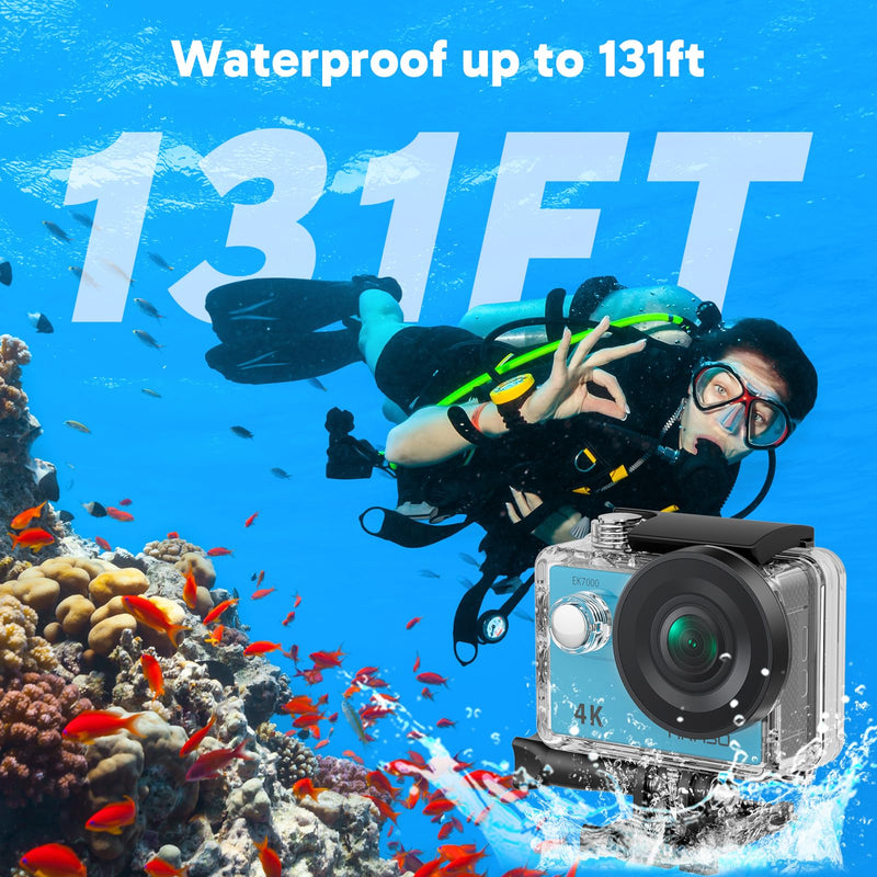 AKASO EK7000 4K30FPS 20MP WiFi Action Camera with EIS Ultra HD Underwater Camera 131FT Waterproof Camera Remote Control 4X Zoom Support External Microphone Blue