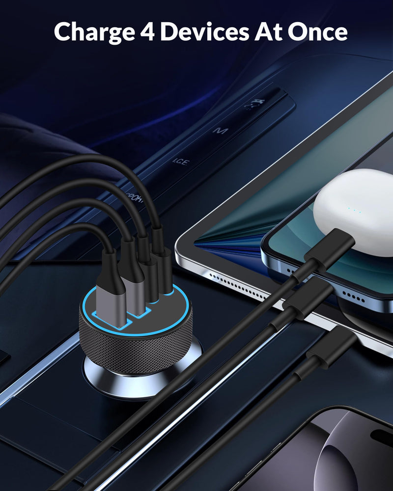 iPhone 17 16 15 Car Charger Fast Charging, 90W 4Port USB C Fast Car Charger | Cigarette Lighter Adapter, with 240W 3FT USB-C Cable, for iPhone 17/17 Pro Max/17e/16/15 Pro Max/Plus, iPad, Android, 2 Pack Matte Black Car Charger x2 + Cablex2