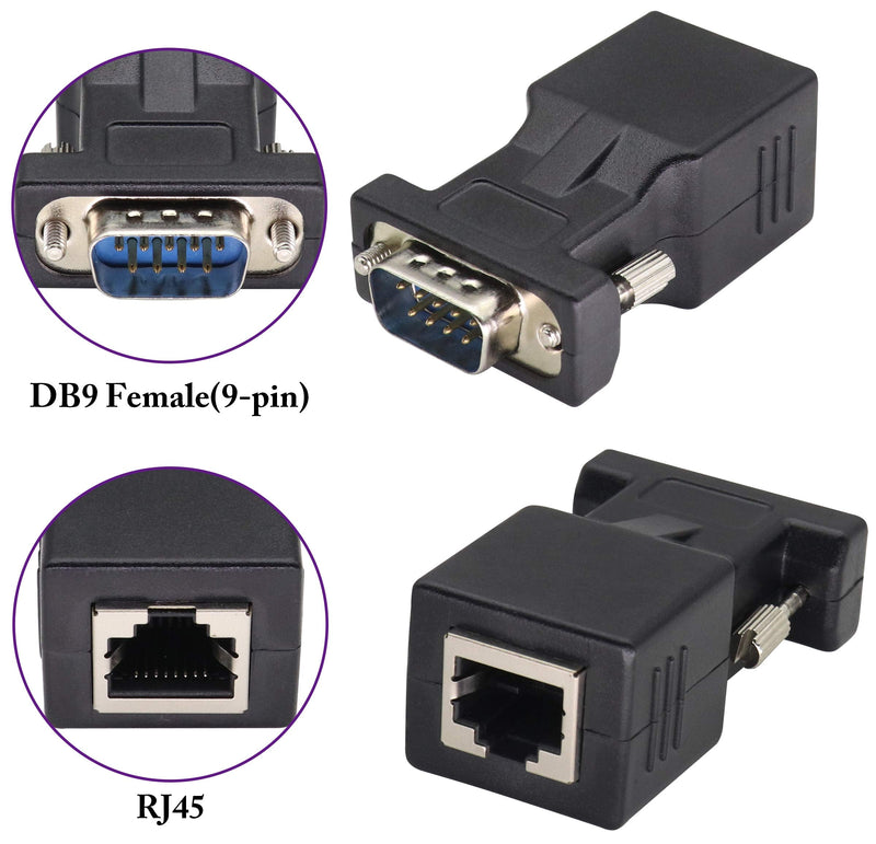 AOTOKK RJ45 to DB9 RS232 Adapter 9-Pin Serial Port RS232 Male to RJ45 Female CAT5 CAT6 Ethernet LAN Extend Converter, Network to DB9 Serial Port Coupler Extender Adapter (2 Pack-Male)