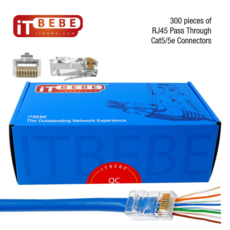 ITBEBE 300 Pieces - Gold Plated RJ45 Cat5, Cat5e Pass Through Connectors - 3 Prong 3u Pass Through 8P8C UTP Jack Ends Quantity 300