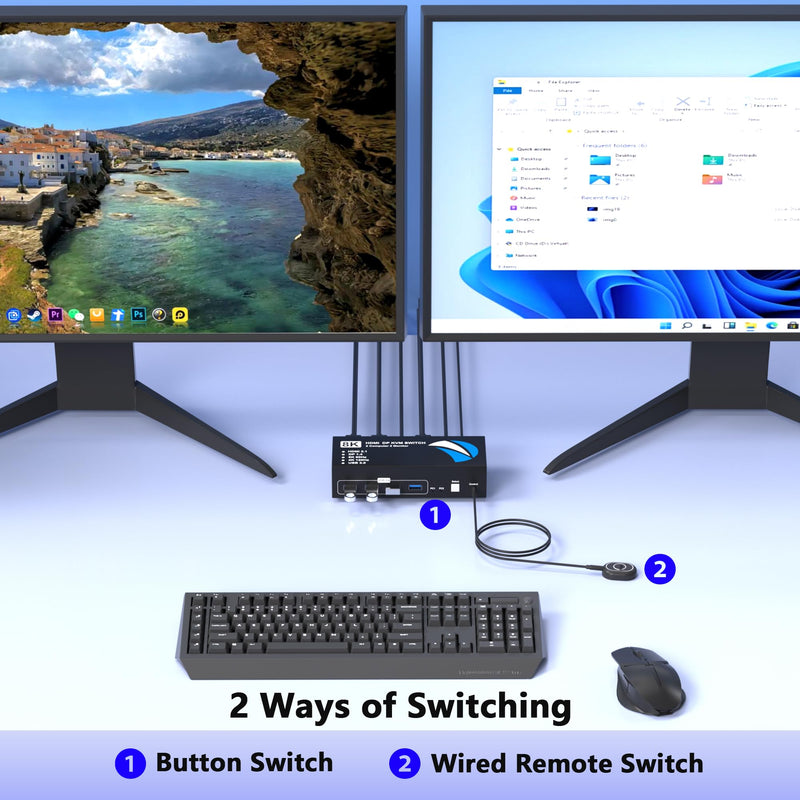 8K@60Hz HDMI DisplayPort KVM Switch 2 Monitors 2 Computers, 4K@120Hz Dual Monitor KVM Switches HDMI DisplayPort for 2 Computers Share 2 Monitors and 4 USB Devices for Keybord Mouse Printer Hard Drive