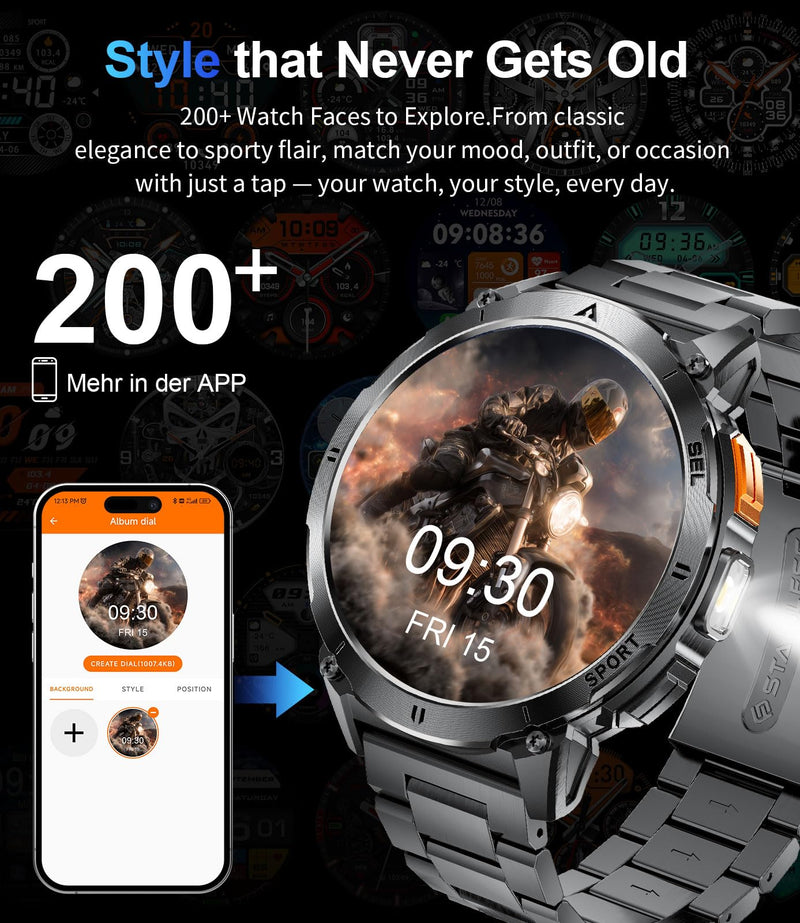 Military Smart Watches for Men, Smartwatch with 730mAh/1.62" AMOLED Screen/Flashlight/Heart Rate/Sleep/Calling/110+ Sports Mode, Rugged Men's Fitness Tracker Watch for Android iOS,Black Black metal band + black silicone