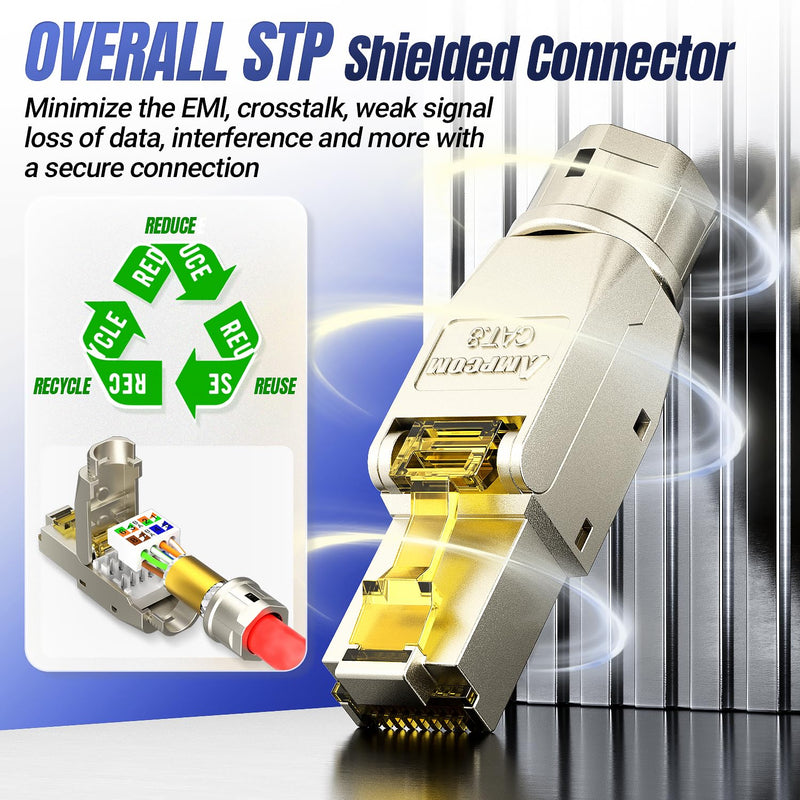 AMPCOM STP CAT8 RJ45 Connector Zinc-Alloy Tool-Free Ethernet Field Termination Modular Plug -12 Pack 12-Pack