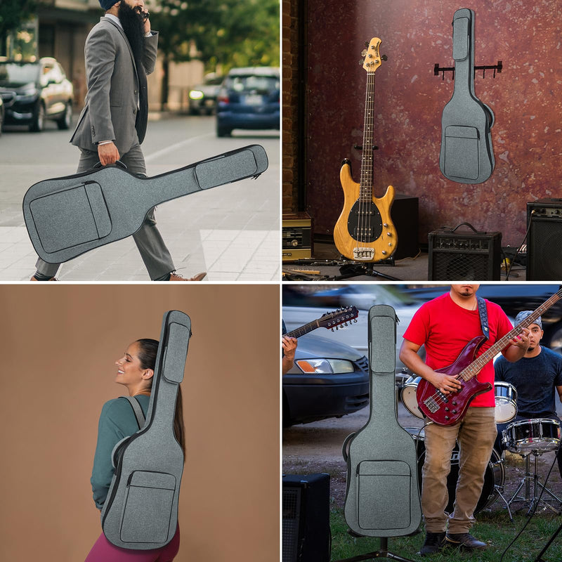 MUZNOTE Bass Guitar Bag Gig Bag Backpack Electric Bass Guitar Case Soft 0.38 inch Padding Lightweight with Pockets Waterproof (Grey) Bass Guitar Bag-6mm