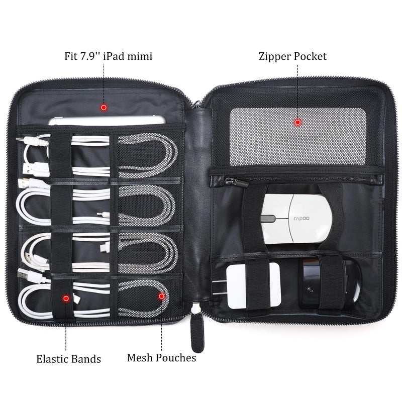 Polare Full Grain Leather Travel Cable Organizer Case Electronics Accessories Carry Bag with YKK Zippers Tech Storage Bag for Cables, Power Bank, USB, SD Card, Travel Essentials Black