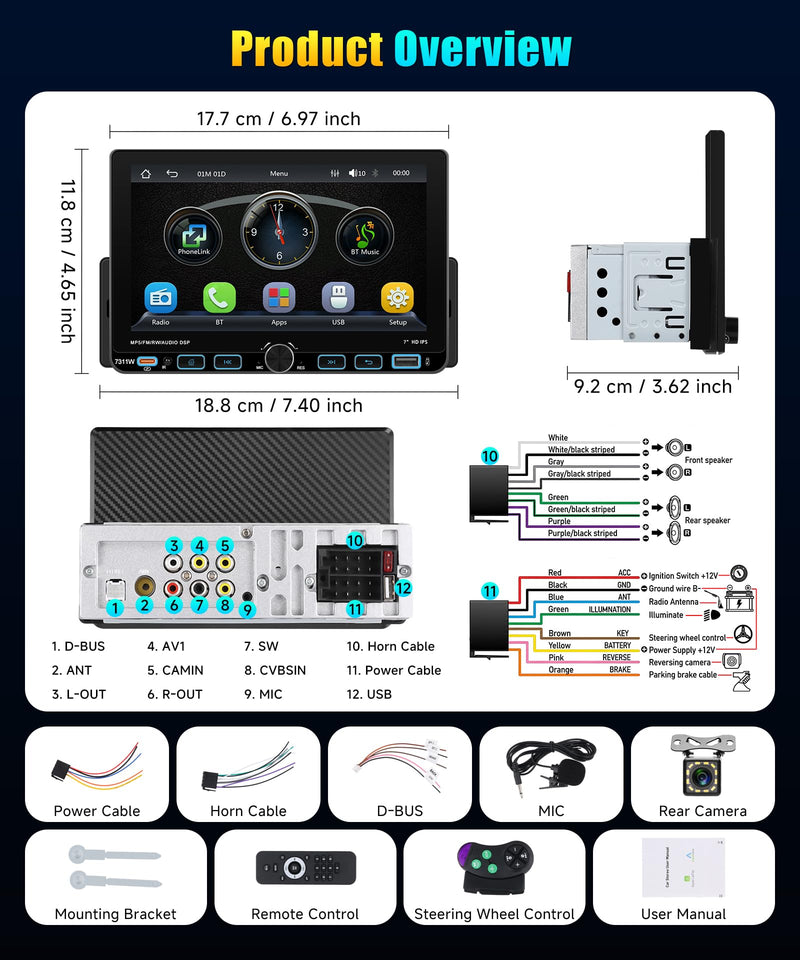 Single DIN Car Stereo with Wireless CarPlay & Android Auto, 7-Inch Touchscreen Car Radio with AM/FM/RDS, Bluetooth 5.0, SWC, Backup Camera, USB-C, Mirror Link