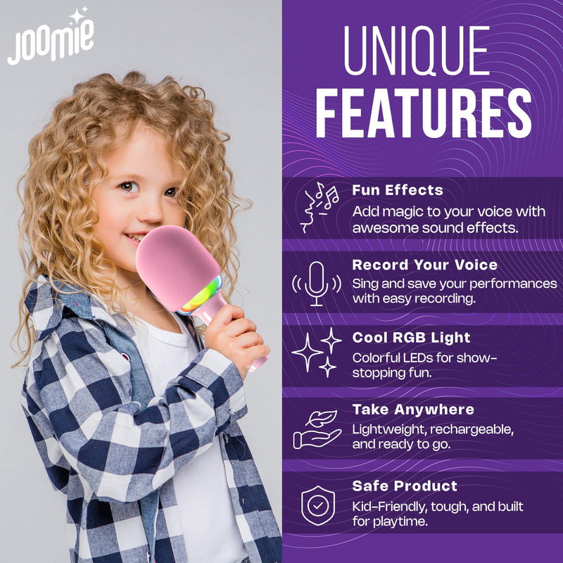 Joomie Kids Wireless Pink Karaoke Microphone - Fun Musical Toy with Pink Windscreen, Safe Design, Easy Controls, and Long Battery Life for Children's Parties, Playdates, and Imaginative Play