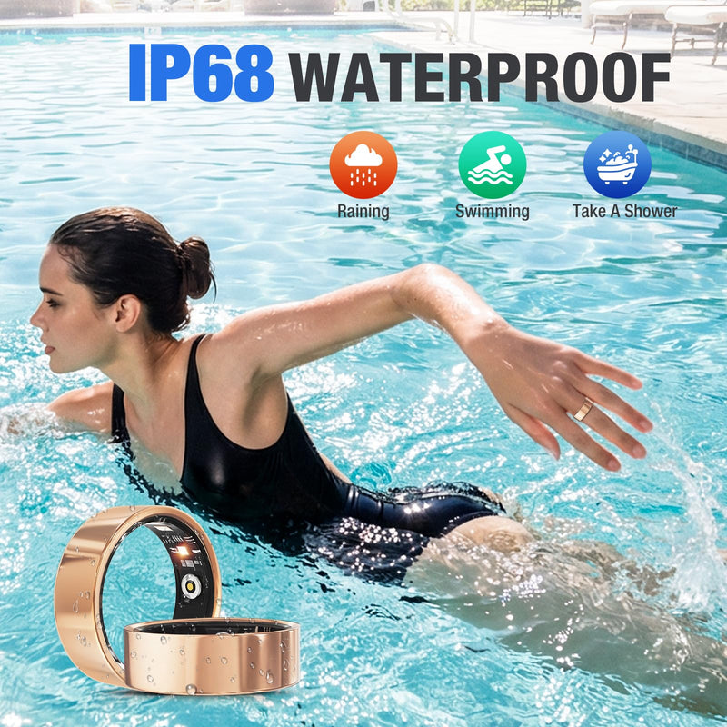 Smart Ring with Heart Rate, Blood Oxygen, Sleep Tracker, Step Tracker | IP68 Waterproof Fitness Tracker Fitness Ring for Women Men, Compatible with iOS & Android Gold 9