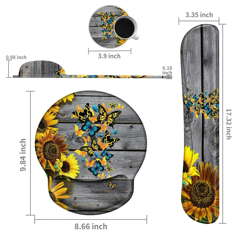 Keyboard Wrist Rest Pad and Mouse Pad Wrist Rest Support Set, Ergonomic Gaming Mousepad Durable Smooth Surface Non-Slip Base Sunflower Butterfly Design for Computer Laptop Home Office + Cute Coasters Yellow Sunflowers and Butterflies