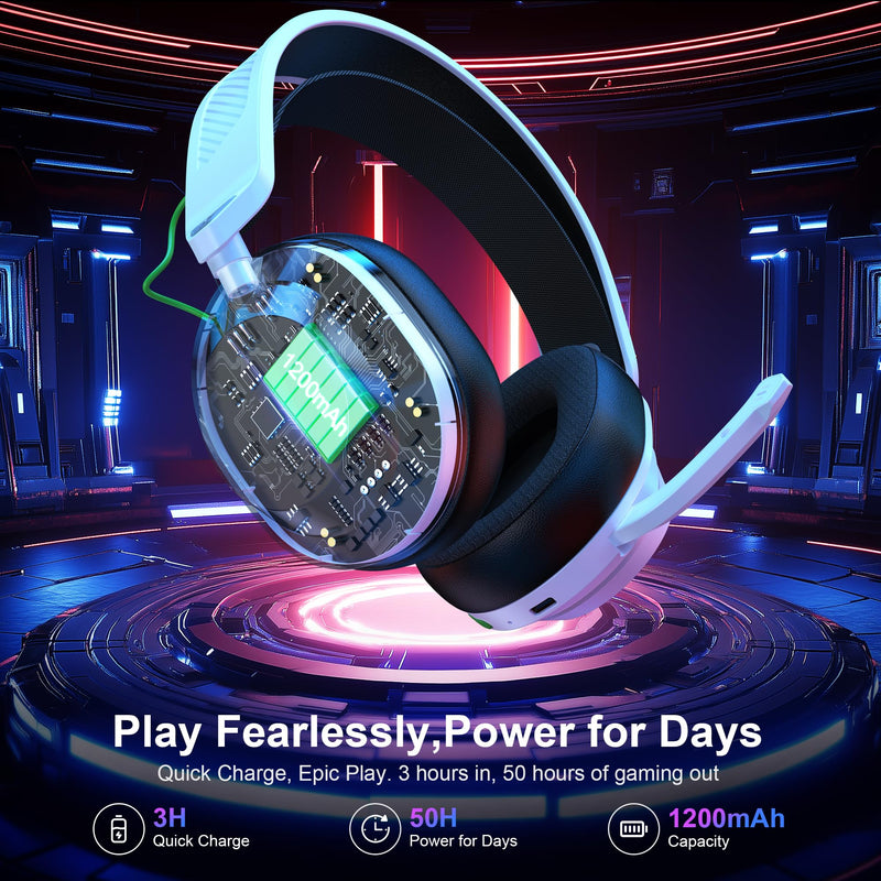 [AUSTRALIA] - Vakedy HW10 Wireless Gaming Headset for PS5, PS4, PC, Switch, Mac, 2.4GHz Wireless Gaming Headphone with Flip Noise Canceling Mic, 50H Battery, 50mm Drivers, RGB Lights (White/Black) White/Black 
