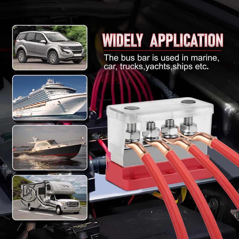 600A Bus Bar Power Distribution Block 12-48V Terminal Block 4x3/8(M10) Studs Marine Battery Bus Bar with Waterproof Cover Quick Mount for Automotive Car Boat Solar System (Red) 600A 4 x 3/8"(M10) Studs-Red