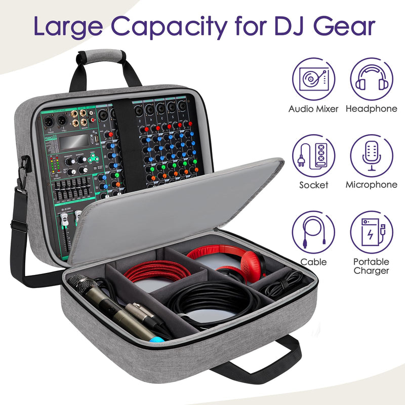 SNIGJAT Audio Mixer Case (Size:15.5"x 13" x 6"), Protective DJ Mixer Bag with 10mm Padding, Large-Capacity Recording Equipment Bag Soft with Adjustable Storage for Cables, Podcast Gear and Mics, Gray Grey