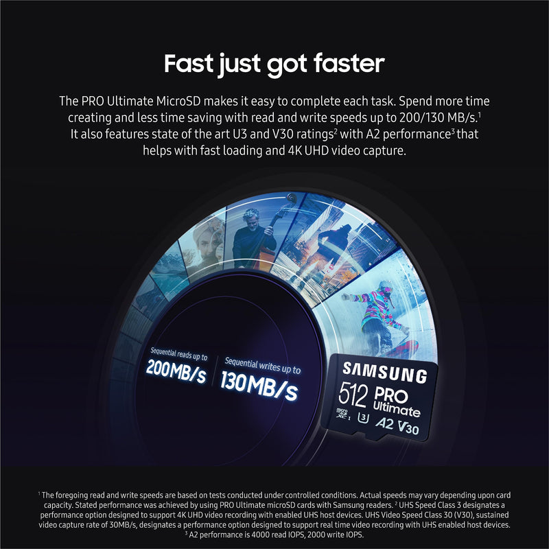 SAMSUNG PRO Ultimate microSD Memory Card + Adapter, 512GB microSDXC, Up to 200 MB/s, 4K UHD, UHS-I, Class 10, U3,V30, A2 for GoPRO Action Cam, DJI Drone, Gaming, Phones, Tablets, MB-MY512SA/AM Micro SDXC PRO Ultimate (200MB/s)