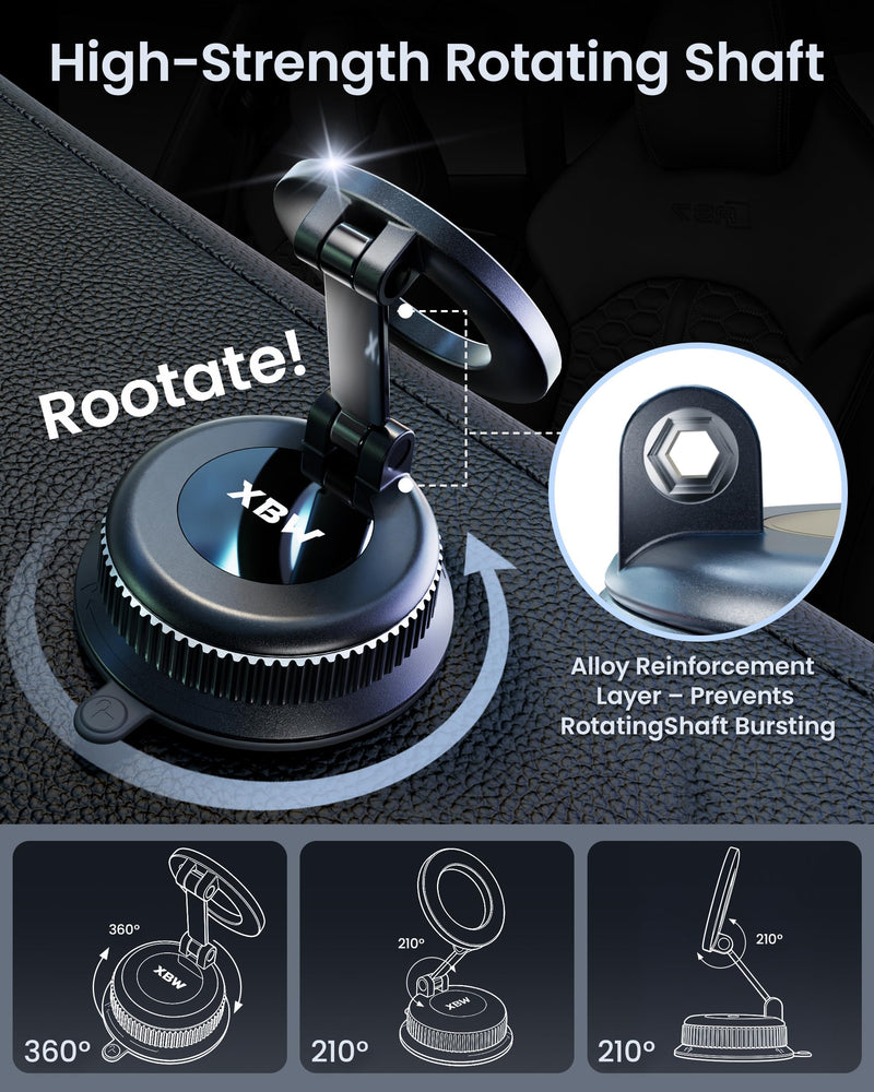 Car Phone Mount with Magnetic Clip for Magsafe & Android Cell Phone | 90lbs Suction Cup| Snap for iPhone Clip for Samsung| Thick Case swap freely| No Ring Adapter Needed| Dashboard Windshield Black
