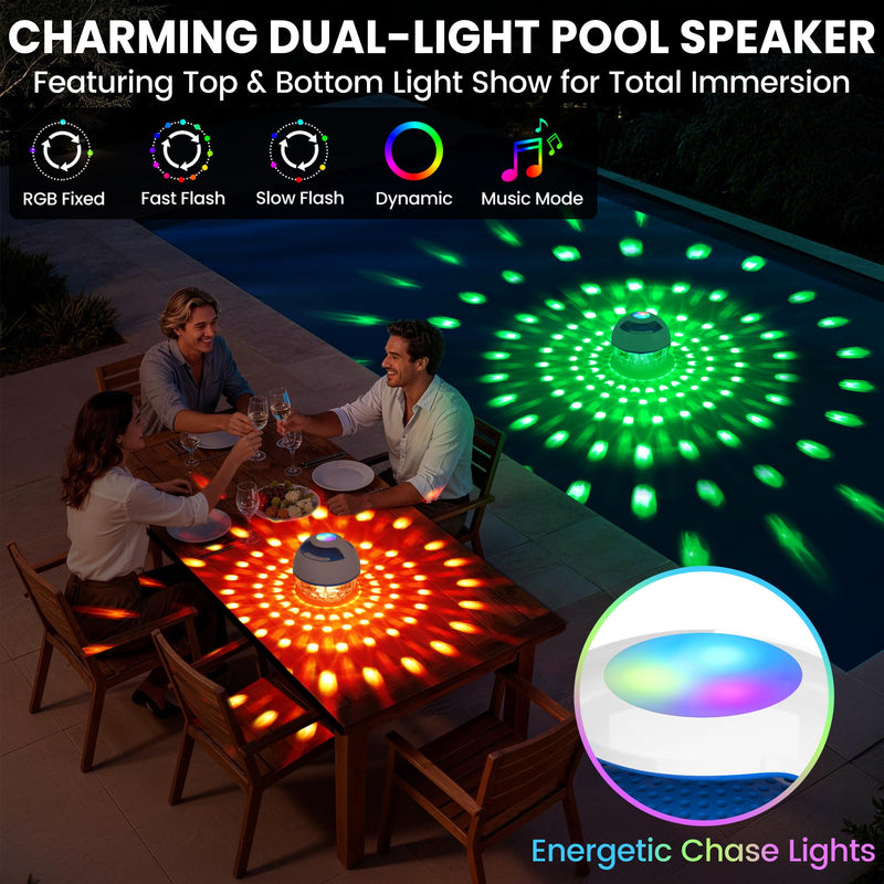 Luxfero Floating Bluetooth Pool Speaker with RGB Lights, Hot Tub Speaker | Top & Bottom Lights, Bluetooth 5.4, 6W, 360° Surround Sound, Hands-free Call, IP68 Waterproof, Type-C Charging, Portable White