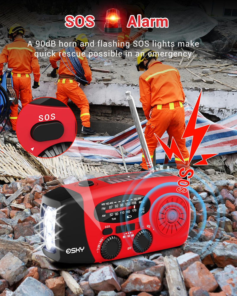 Esky Emergency Hand Crank Radio 7400mWh with 3 LED Flashlight, AM/FM/NOAA Portable Weather Radio with Rechargeable 2000mAh Battery, Solar Powered Radio for Indoor Outdoor Survival Camping, SOS Alarm Red