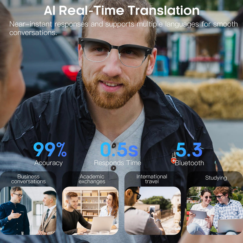 AI Smart Glasses with 8MP HD Camera, 4K Photo, 1080P Video Glasses with Voice Assistant, AI Image Recognition, Real-Time Translation, Bluetooth Calling/Music, IP66 Waterproof, Photochromic Lenses