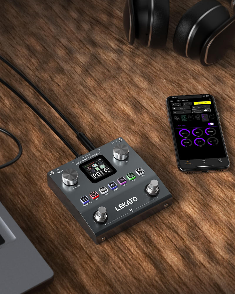 LEKATO Multi Effects Guitar Pedal, Electric Guitar Effects Pedal, Pocket Rechargeable Effects Processor with 6 Effects Modules, 80 Presets, 20 IRs, BT Audio, Headphone Output