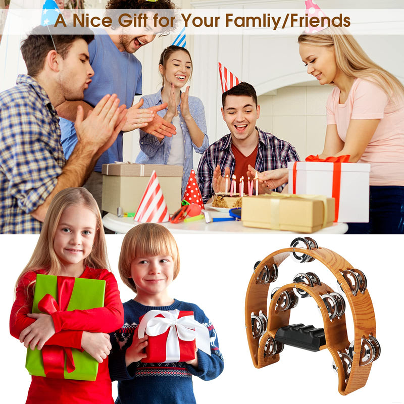 Double Row Jingles, Half Moon Musical Tambourine Double Row Handbell Tambourine Metal Jingles with Ergonomic Grip Percussion Instrument for KTV Party Church, Imitation Wood Color