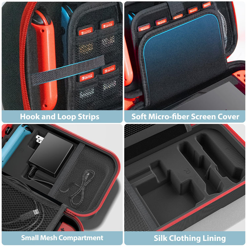 Switch OLED Carrying Case Compatible with Nintendo Switch & Switch OLED, Portable Switch Travel Carry Case Fit for Joy-Con and Adapter, Hard Shell Protective Switch Pouch Case with 20 Games, Red