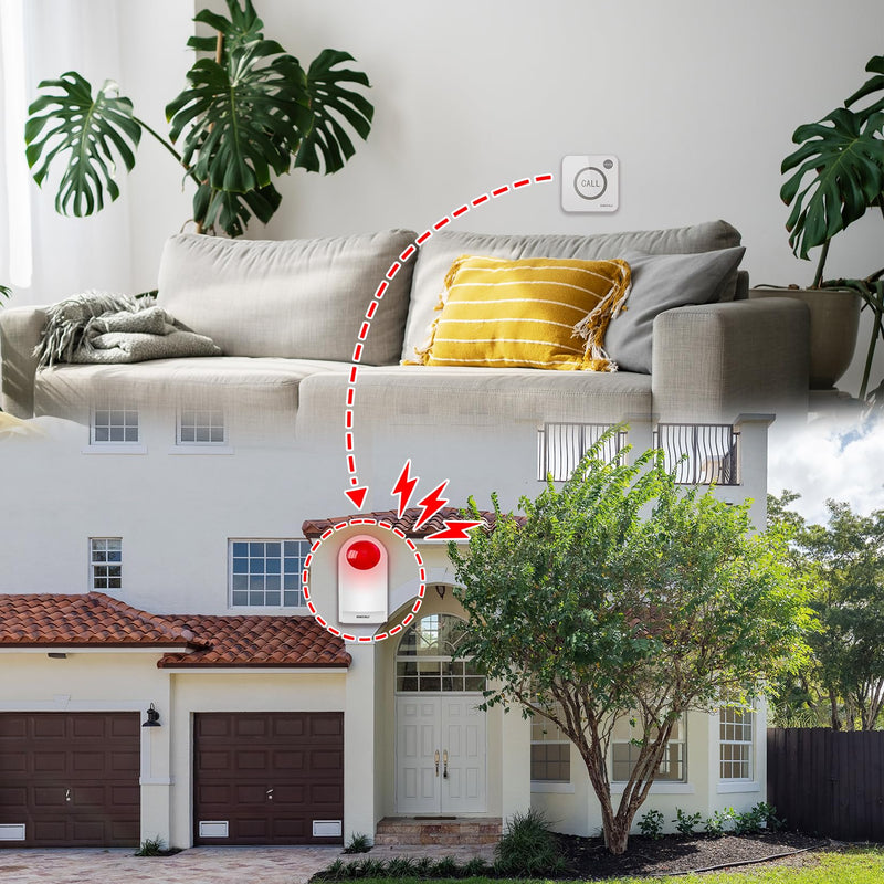 [AUSTRALIA] - Remote Emergency Strobe Siren Alarm Kit Waterproof Outdoor Loud Panic SOS Warning System for Business Home Shop Hotel School 300ft 1 Red Flashing Siren+ 2 Call Buttons 