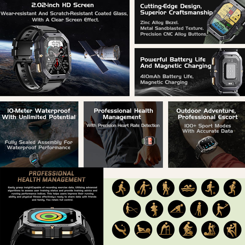 Military Smart Watch for Men(Answer/Make Calls), 2.02”AMOLED 5ATM Waterproof Smartwatch with Heart Rate/SpO2/Blood Pressure, 100+ Sports, Fitness Watch for Android iPhone, with 3 Watch Bands (Black) Black