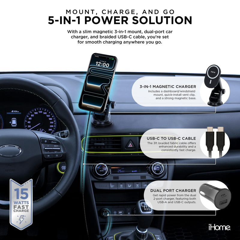 iHome 5-in-1 Complete Car Charging Kit, 15W MagSafe Charger, Dual Port Adapter, Mounts & Cable