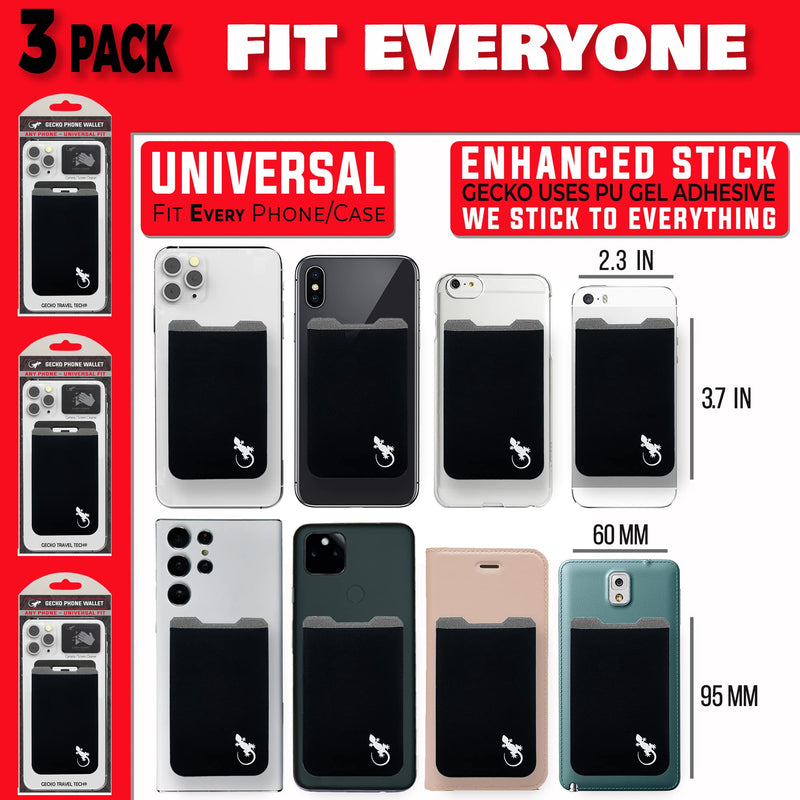 Gecko Travel Tech 3 Pack Phone Wallet Stick on- Phone Card Holder Black - Cellphone Accessories Universal fits Any Cellphone - cardholder Stretchy - Phone Card Holder Wallet (x3 Black/White BLACK WHITE - 3 PACK
