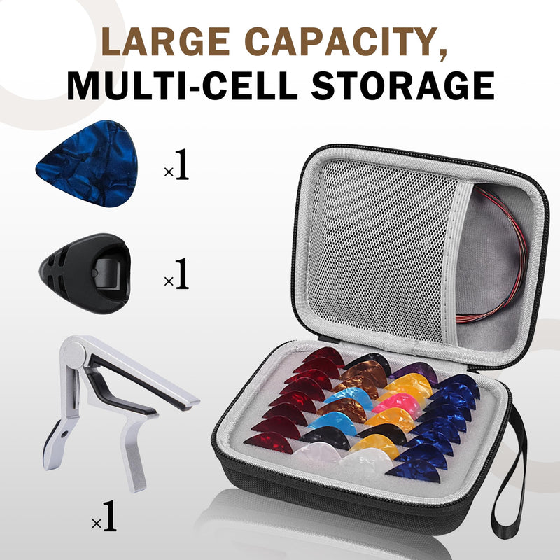 Guitar Pick Pouch Holder with Carabiner Wrist Strap Multi Functional Accessories Organizer for Picks Capos Strings,Included:tuning peg, tuning peg case, guitar strap, made of EVA material