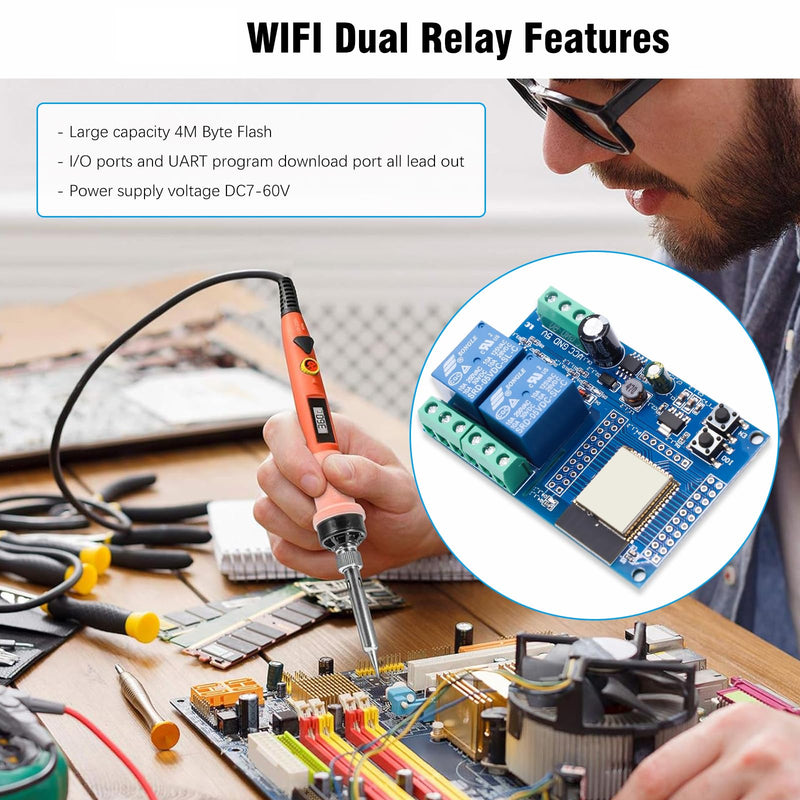 Binghe ESP Relay 2-Channel Module, ESP-32 Relay Development Board with 4 MB Flash Dual WiFi DC5-60V Power Supply for Secondary Development Learning (LC-Relay-ESP32-2R-D5)