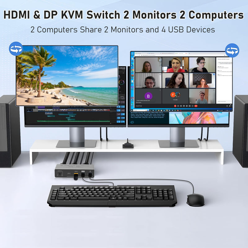 8K HDMI Displayport KVM Switch 2 Monitors 2 Computers | KVM Switcher with 4 USB 3.0 ports Share Keyboard, Mouse & Printer for 2 PC, Compatible with Laptops, Gaming Consoles and More