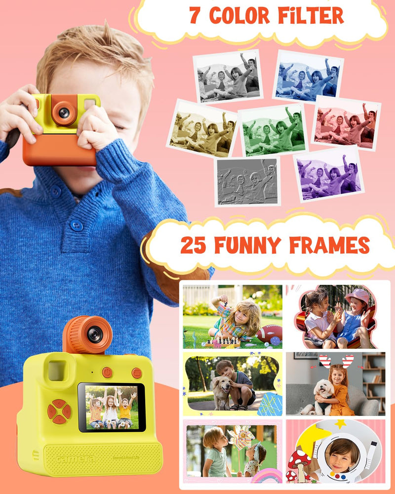 Kids Camera Instant Print, Christmas Birthday Gifts for Toddle Girls Boys Age 3-12, 20MP & 1080P Selfie Digital Camera with 3 Roll No-Ink Print Paper 32G SD Card - Yellow