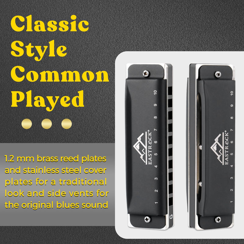 [AUSTRALIA] - EastRock Harmonica, Blues Harmonica Mouth Organ 10 Hole G Key with Case, Diatonic Harmonica for Professional Player, Beginner, Students, Adult, Friends, Gifts（Matte Black Finish） update10hole-G 