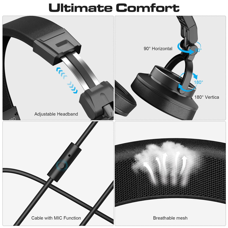 PUPGSIS Wired Over Ear Headphones: Studio Monitor Headphones - Professional 40kHz Hi-Res DJ Stereo Headphones - 1/4 to 3.5mm Audio Jack for Recording/Mixing/Podcast/Guitar/Piano Black