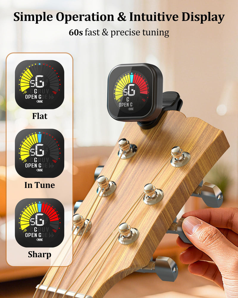 [AUSTRALIA] - New Bee Guitar Tuner Clip-On Rechargeable with Color Screen 360° Rotatable Acoustic Chromatic Open Tuning for Guitar, Bass, Ukulele, Violin, Cello(Black, 1 Pack) Black 