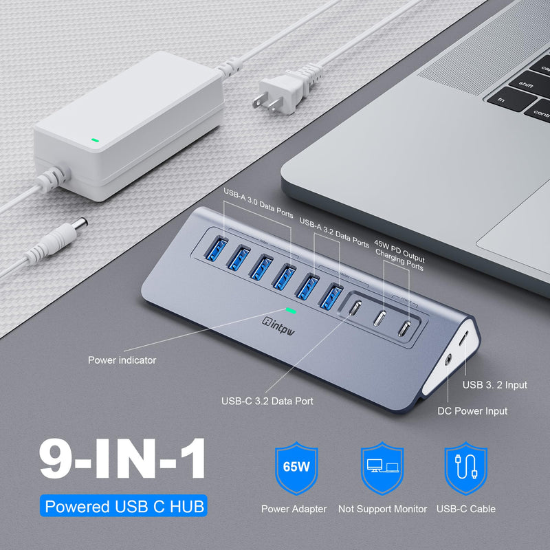 Powered USB Hub 10Gbps, intpw YH6AC 9-Port USB Splitter with USB A/USB C 3.2, 4 USB 3.0, 2 PD 45W Charging Ports, 65W Power Adapter + 3.3FT Cable, Aluminum USB Extender Hub for Laptop, PC,iPhone 17/16 Gray 9 Port
