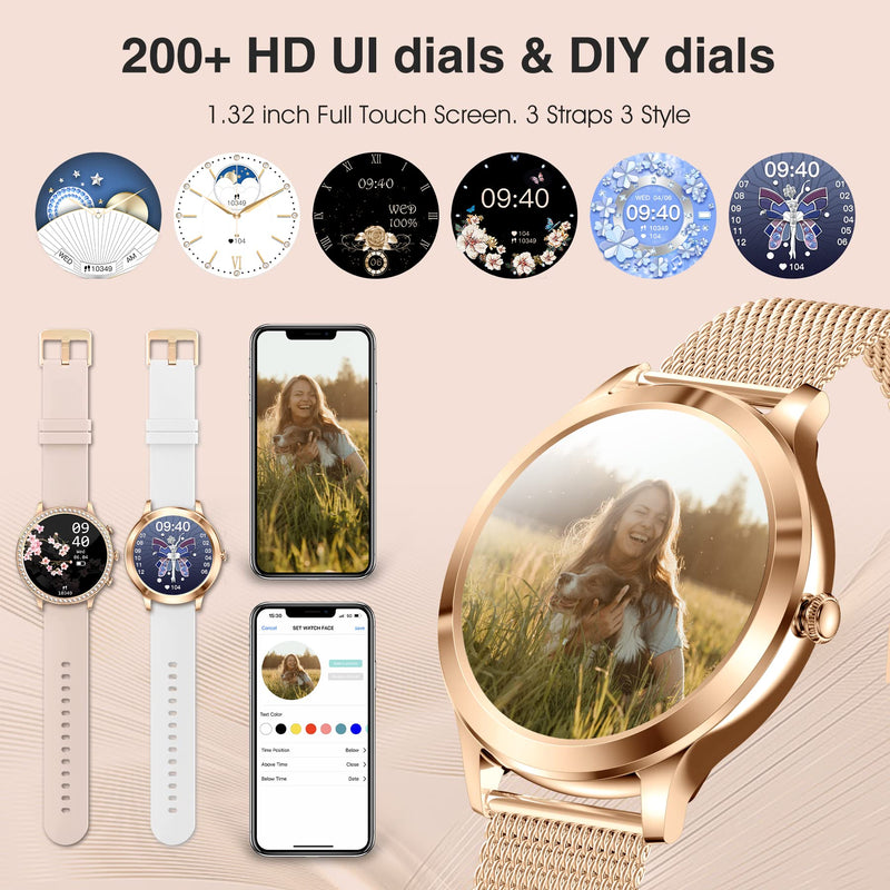 Smart Watches for Women, 1.32"HD Fitness Tracker, 24/7 Heart Rate/Sleep Tracking, 120+ Sport Modes, IP68 Waterproof, Smartwatch supports Bluetooth calls/messages, Compatible iPhone&Android, 3 Bands