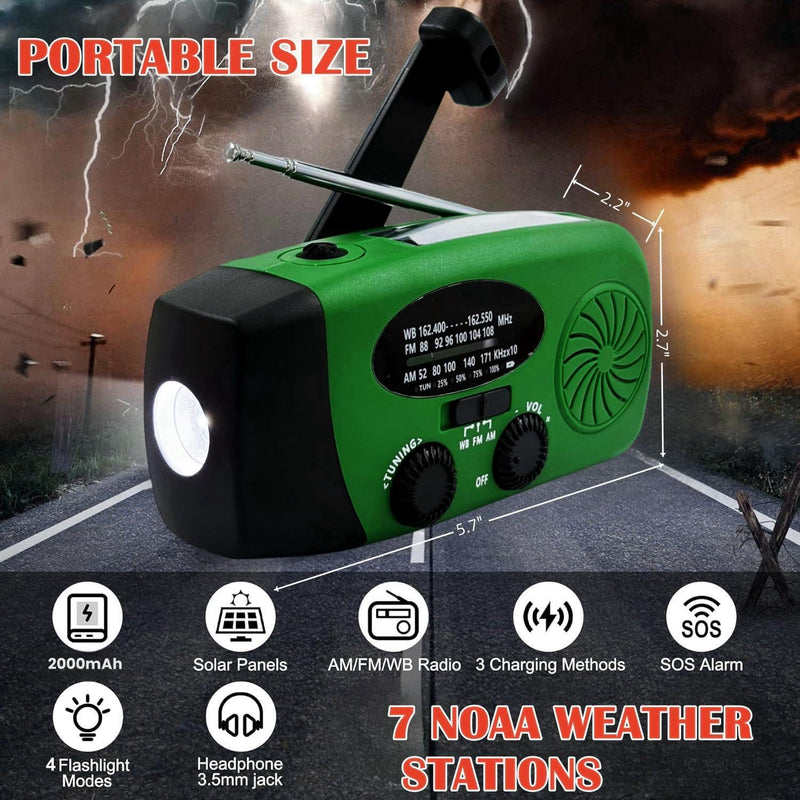 2000mAh Weather Emergency Radio, Portable Solar AM/FM/NOAA Hand Crank Radio, Cell Phone Charger with SOS, 1W LED Flashlight, Headphone Jack, Power for Emergency Preparedness (2000mAh Green)