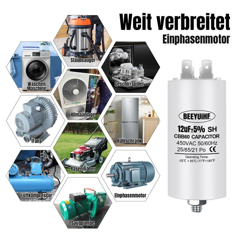 [AUSTRALIA] - BEEYUIHF CBB60 Motor Capacitor 12µF 450V Capacitor 50/60Hz Starting Capacitor 12UF Motor Running Capacitor Plug M8 for Electric Motor 40 x 72 mm 12μF / 12uF 